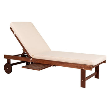 Seabrook Outdoor Acacia Wood Lounger with Cushion, 5-Position Back, Slide Table & Wheels - JONATHAN Y